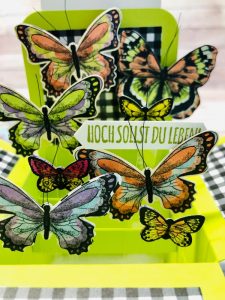 Schmetterlinge fliegen in der Geburtstagskarte Pop up Box Karte